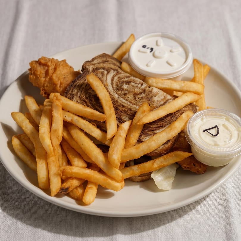A plate of fried fish, french fries, and two small containers of tartar sauce.