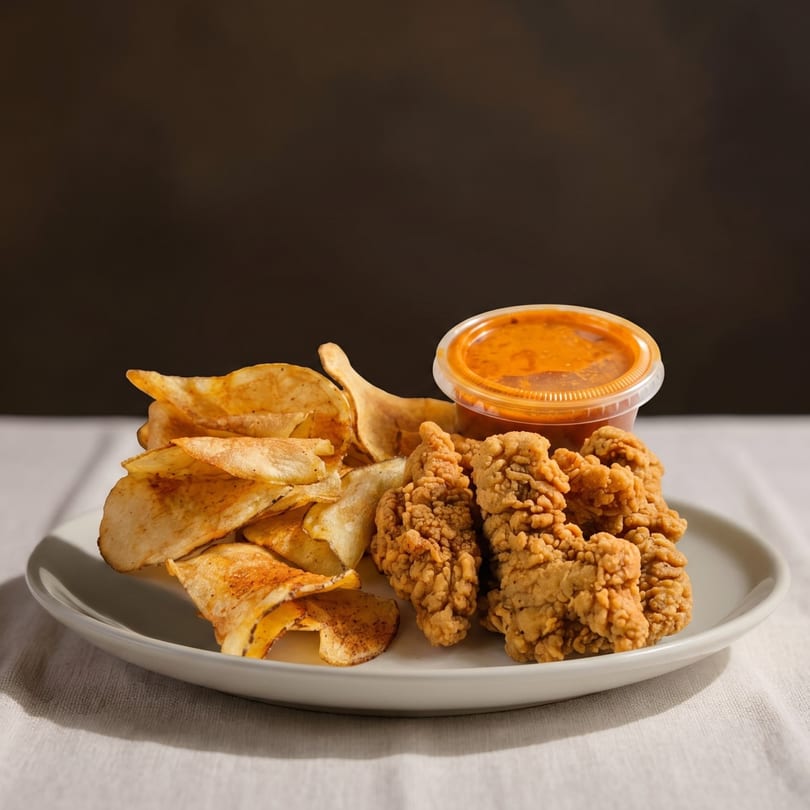 Crispy fried chicken tenders, potato chips, and a side of orange dipping sauce on a white plate.