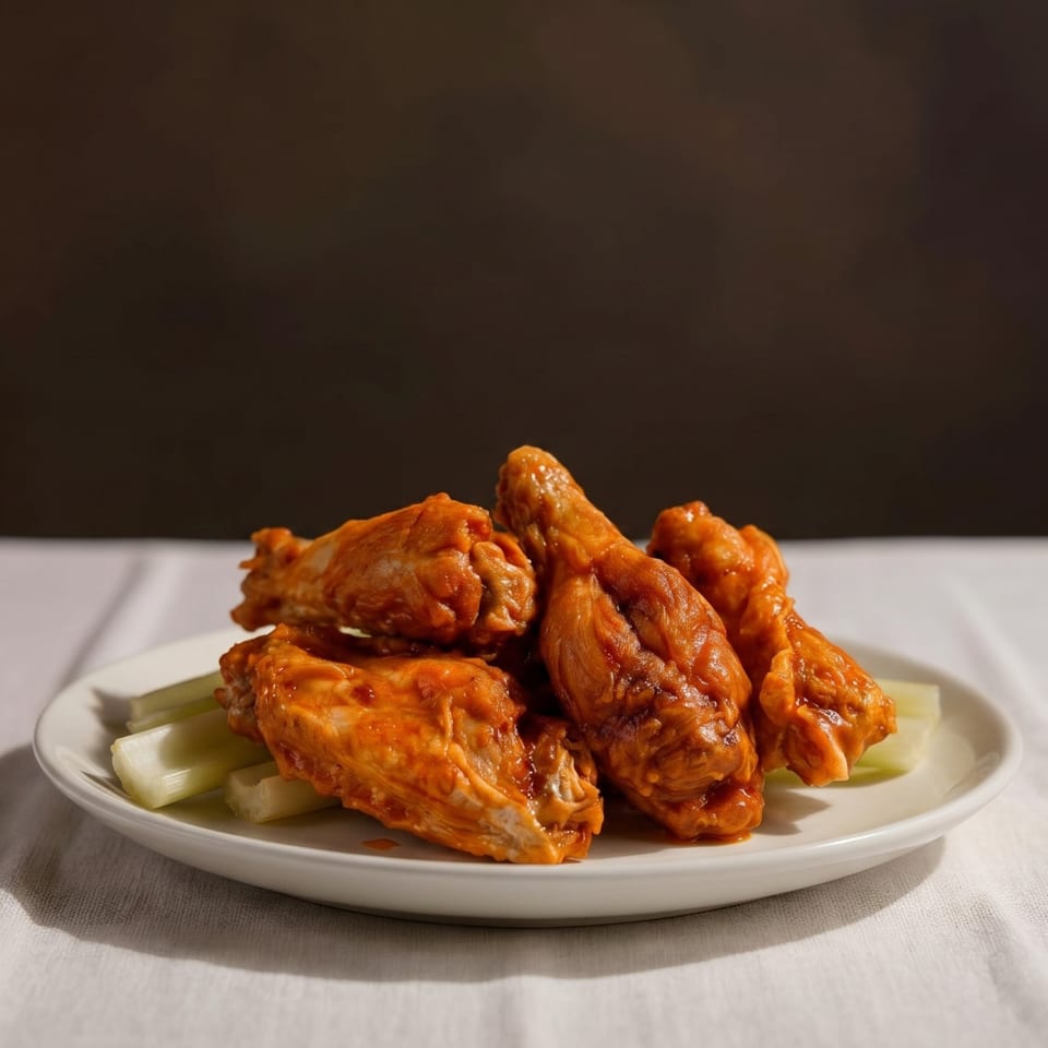 A plate of buffalo chicken wings with celery sticks on a white tablecloth.