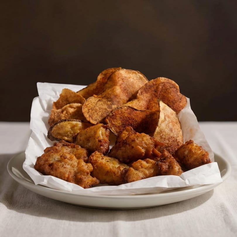 A white plate holds a pile of golden-brown fried fish and crispy potato chips on white parchment paper.